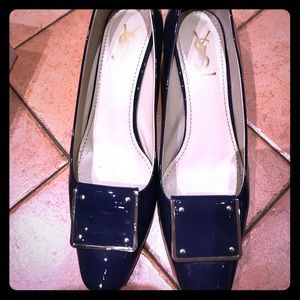 YSL navy patent low heeled designer shoe